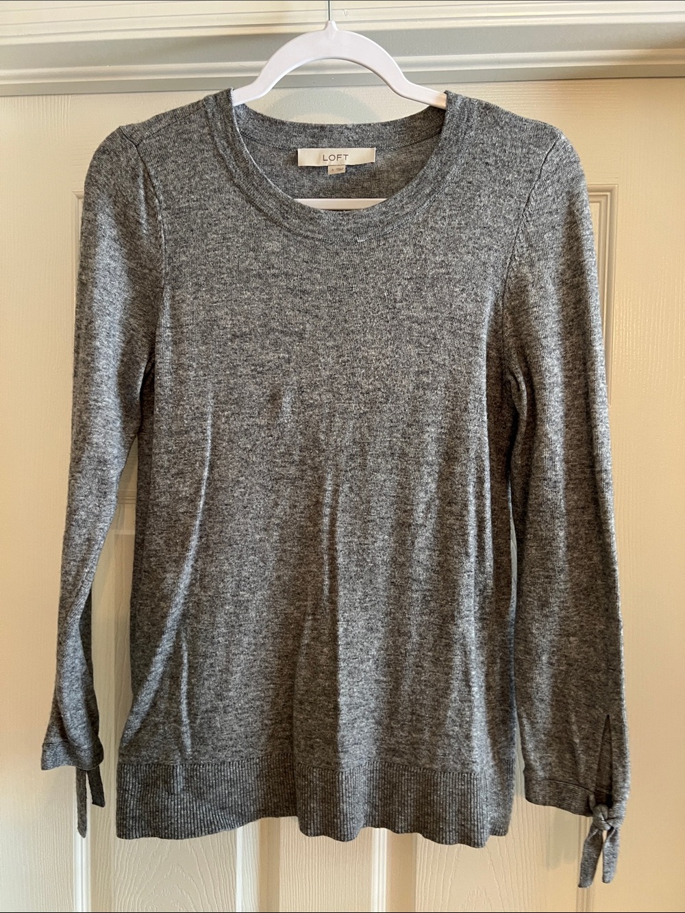 LOFT Gray Crewneck Sweater with Tie Cuffs